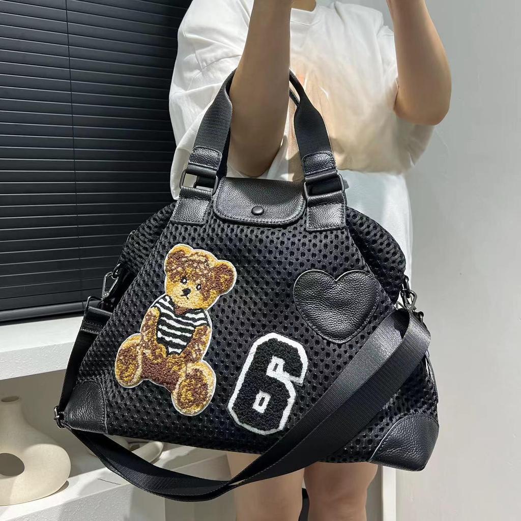 Women'S Mesh Handbag Splicing Cute Bear Casual Versatile Travel Lightweight Shoulder Messenger Bag