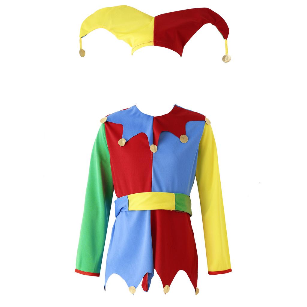 Unisex Circus Clown Costume Color Block Patchwork Clown Dress Hat Waistband Pants Halloween Performance Attire