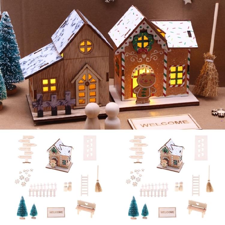 Interactive Wood Christmas Doll House Assembly Set with Miniature Furniture and Accessories LED Light Craft Model Cabin