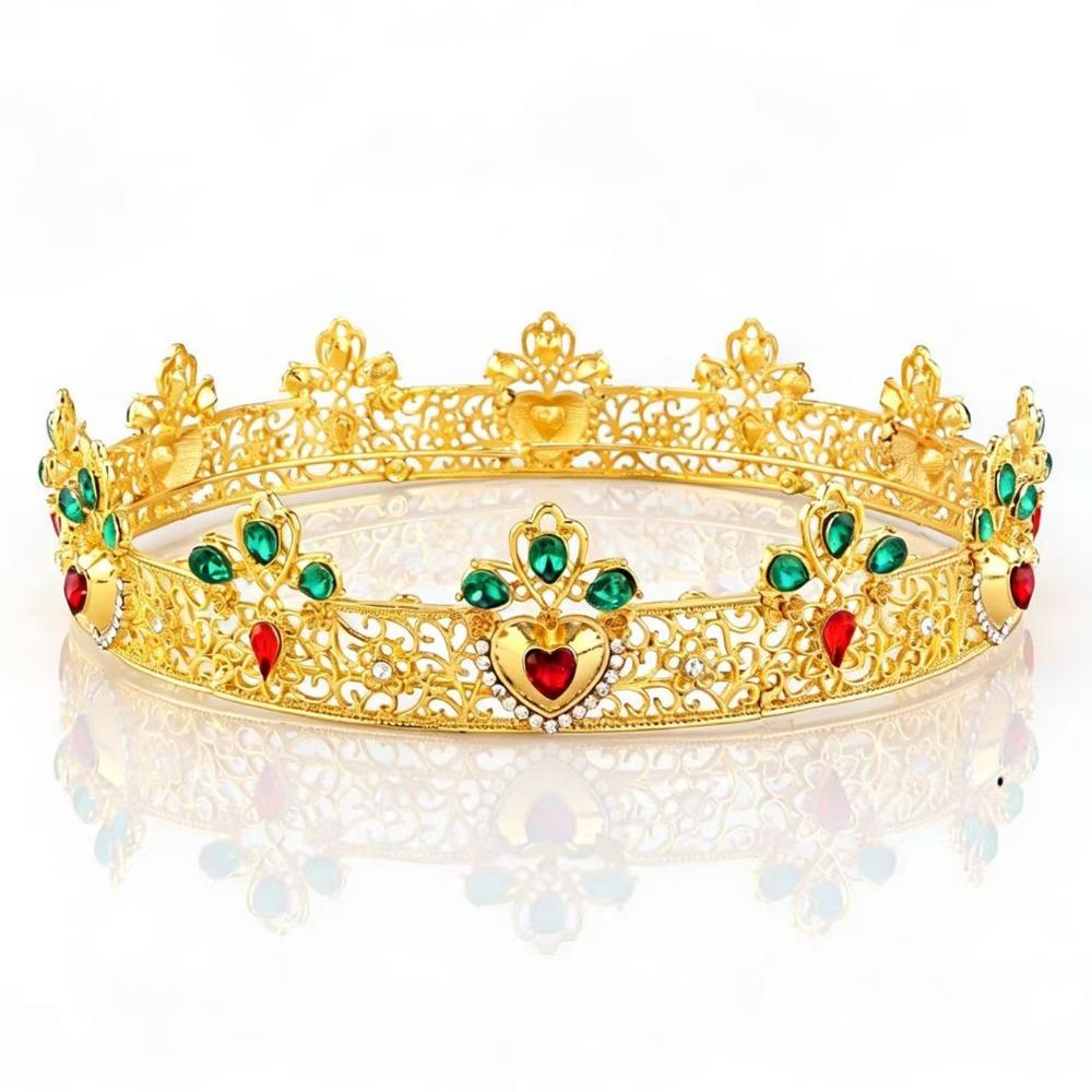 Vintage Shiny Baroque Round Crown Metal Hair Ornaments King Queen Tiara Gold Headwear Rhinestone Crown Girls золотой