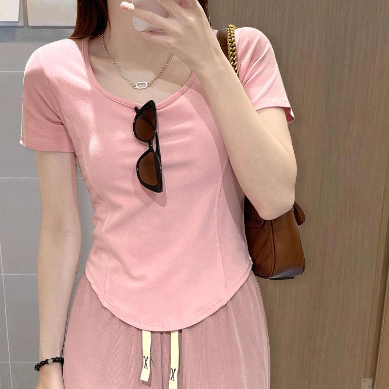 Short Square Neck Short Sleeve T-shirt for Women In Summer Design Niche Shoulder Pure Fish Bone Top