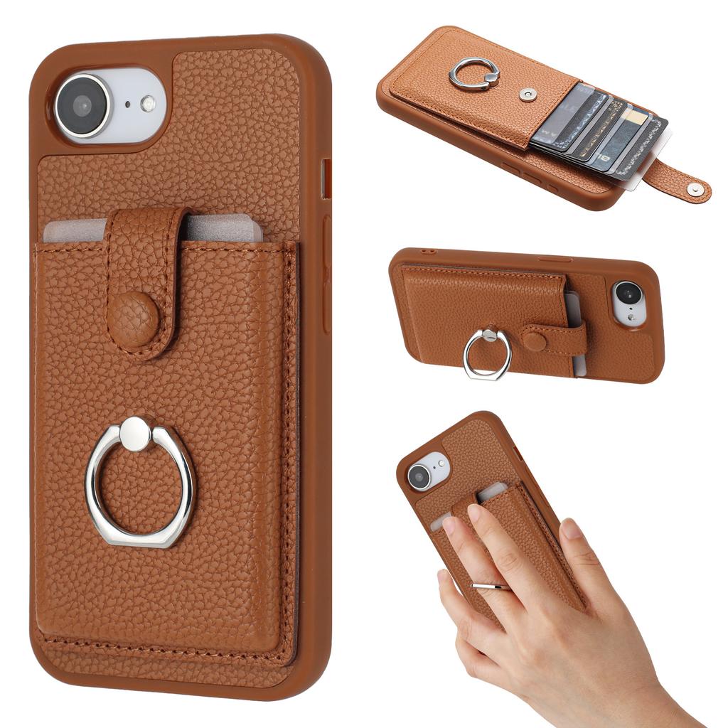 For iPhone 16e Case with Ring Kickstand Drawing Type Card Slots Leather Back Cover
