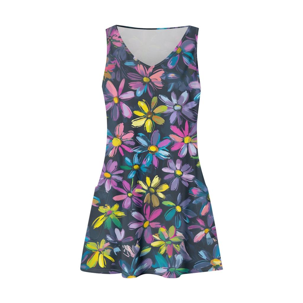 Women's Casual Fashion V-neck Sleeveless Floral Print Side Pocket Dress