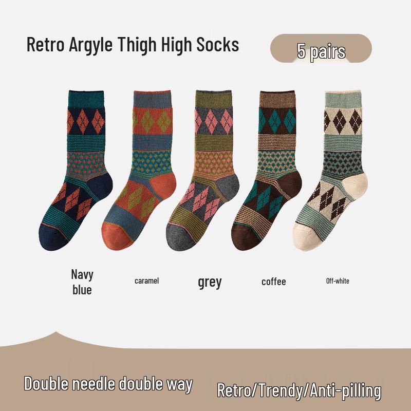 Women's Retro Argyle Mid-Calf Socks - Autumn/Winter Ethnic Style