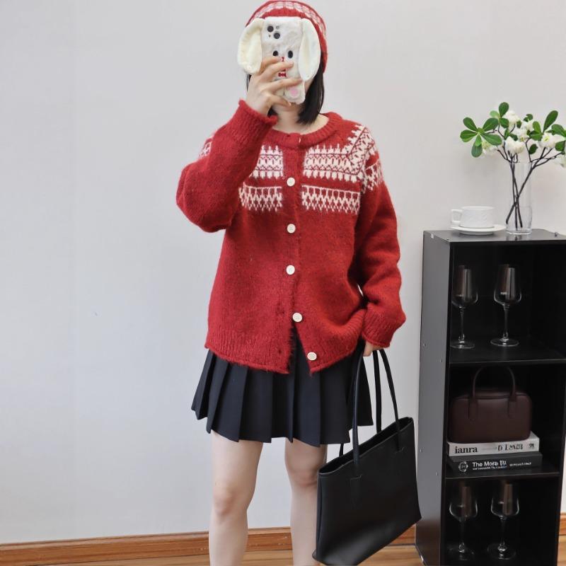 Autumn and Winter New with Hat Fair Island Jacquard Knitted Cardigan Design Sense Loose Soft Waxy Sweater Jacket Women