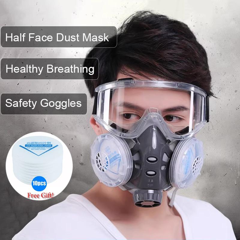 New Dust Mask Respirator For Carpenter Builder Polishing Dust-proof +10 Filters With Safety Glasses Dual Filter Half Face Mask