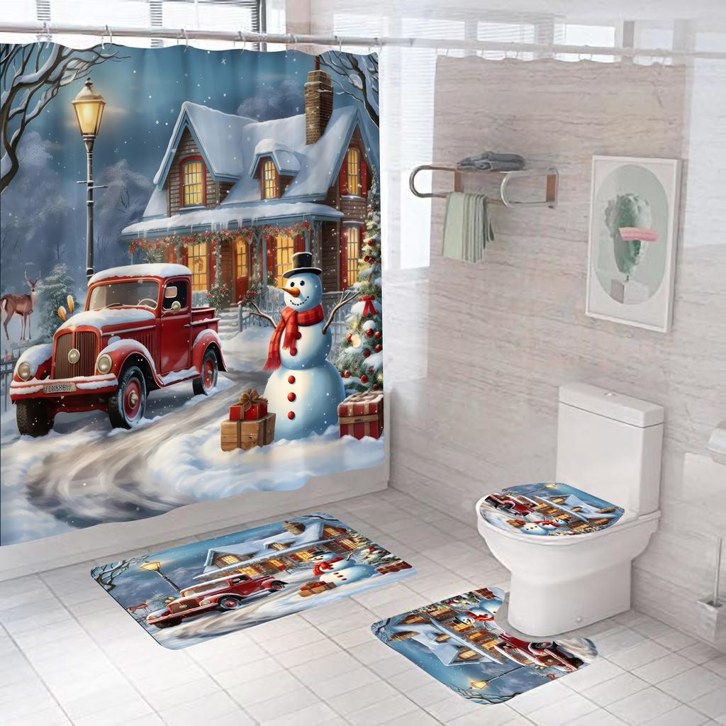 4pcs Merry Christmas Shower Curtain Polyester Shower Curtain Pedestal Rug Set Bathroom Decor Waterproof Curtain