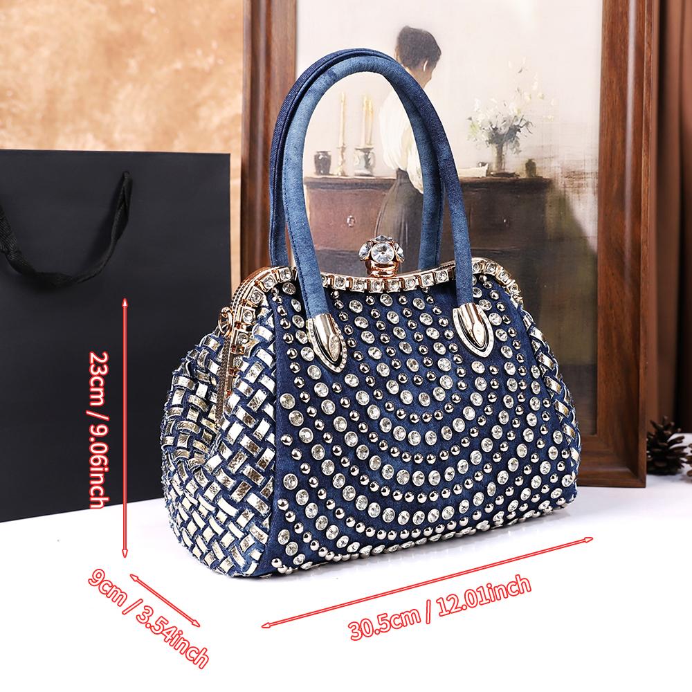 New Women'S Fashion Washed Denim Tote Bag, Large-Capacity Elegant Diamond-Encrusted Single-Shoulder Crossbody Bag