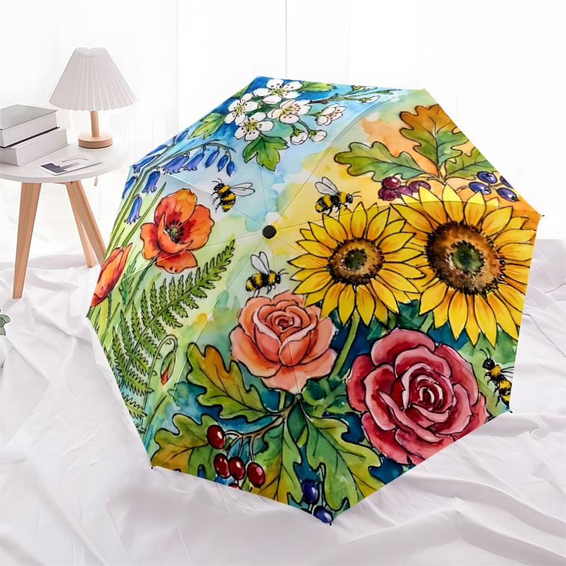 1pc Floral Harmony Automatic Umbrella | Portable Foldable 8-Rib Manual Open, Cute Birthday & Holiday Gift for Outdoor yy260107085