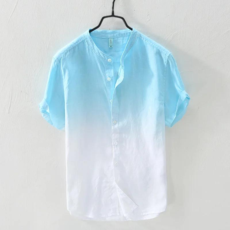 Short-sleeved Shirt Linen Cool Breathable Comfortable Gradient Blue Hawaiian Beach Men's Cardigan Shirt