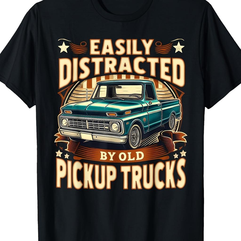 Easily Distracted By Old Pickup Trucks Tshirt Retro Truck Graphic Tee Premium Cotton Casual Crewneck Top For Men