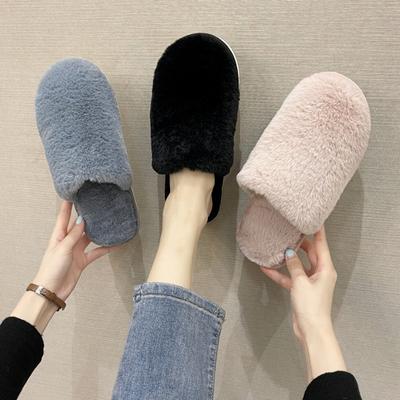 Indoor Winter Fur Mules Female Solid Flat Round Toe Cotton Slides Ins Home Furry Shoes Woman Cover Toe Warm Plush Slippers Women