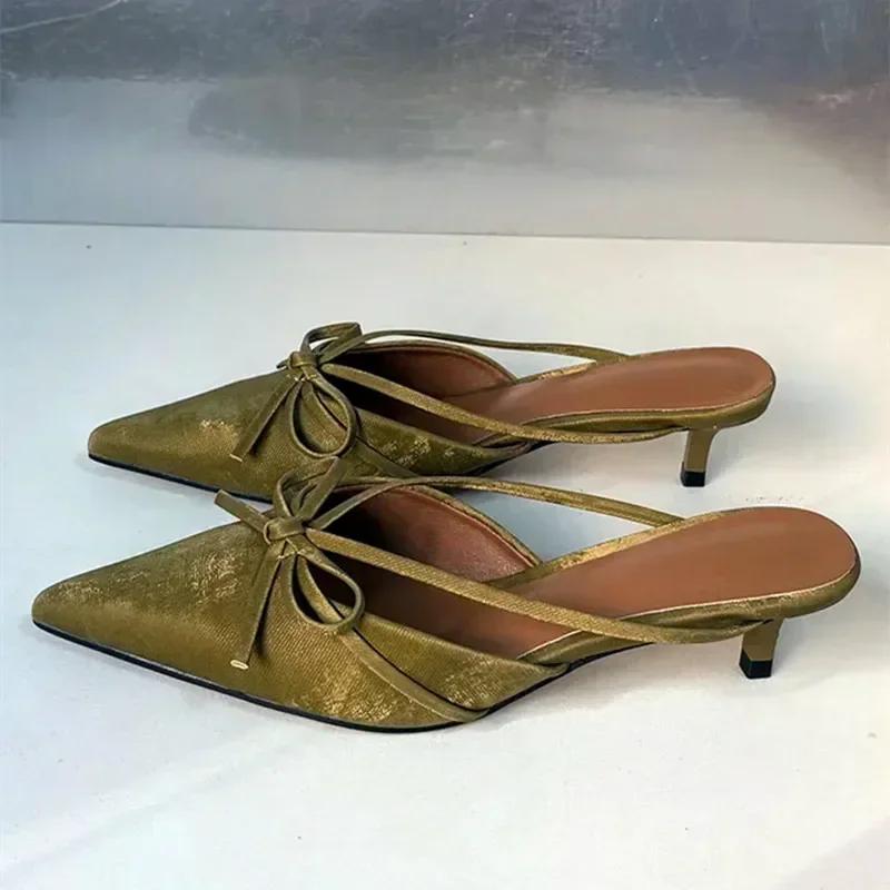 Luxury Designer Bow Decoration Women's Slippers Sexy Pointed Toe Low Heel Slide Sandals Summer Mules Loafers Sandalias De Mujer