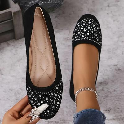 Damen Ballerinas Glänzende Kristalle Flache Slipper Damen Leichtgewichtige Rutschfeste Ballerinas Luxuriöses Flock Weiche Sohle Laufschuhe für Damen