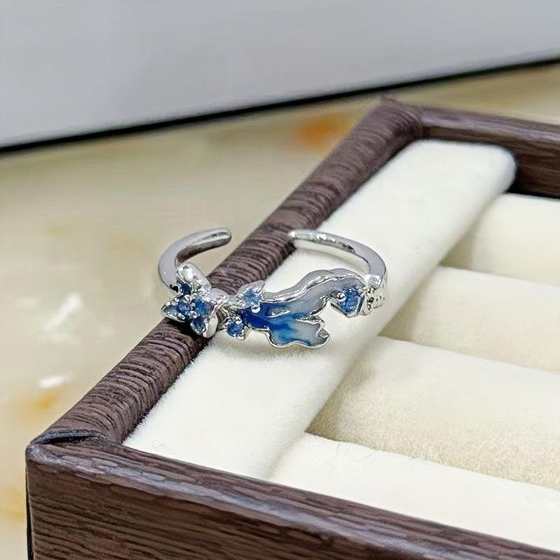 Blue Enamel Oil Drop Butterfly Open Ring Full Of Diamonds Zircon Light Luxury High Sense Super Fairy Flash White Ring Woman