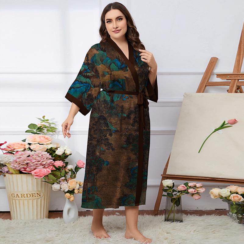 Übergröße Satin Sommer Pyjama & Bademantel Set für Damen - Leichter Luxus Eisseide