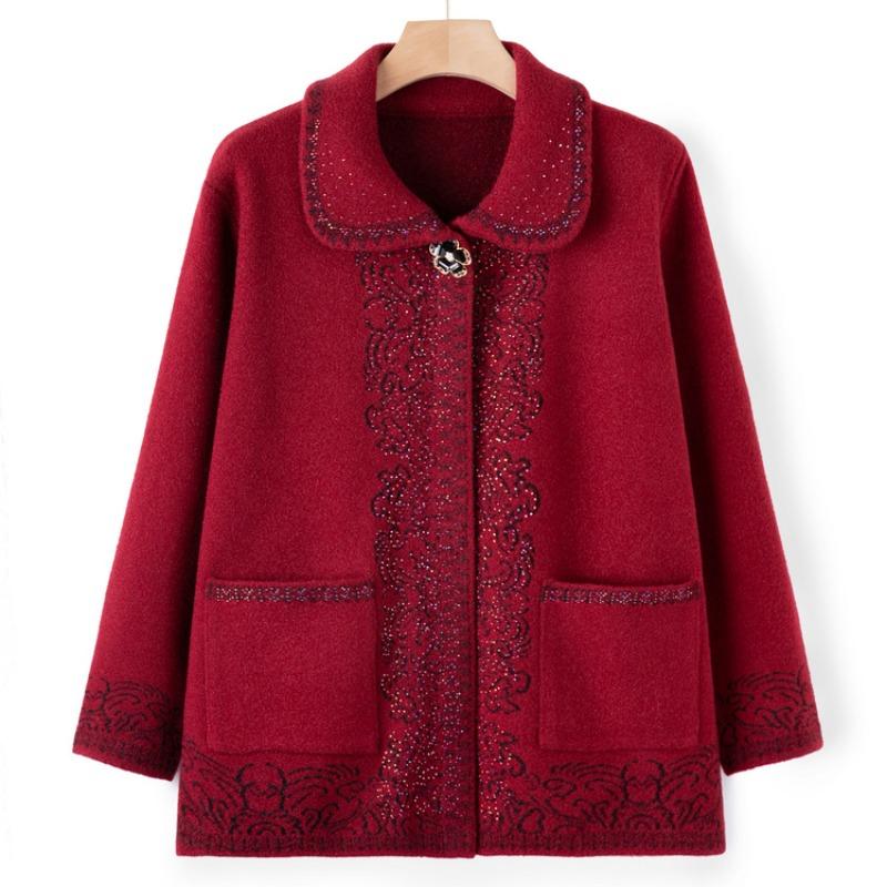 Mom sweater spring and autumn lapel jacket medium and old knitted sweater cardigan old man clothes old lady grandma top