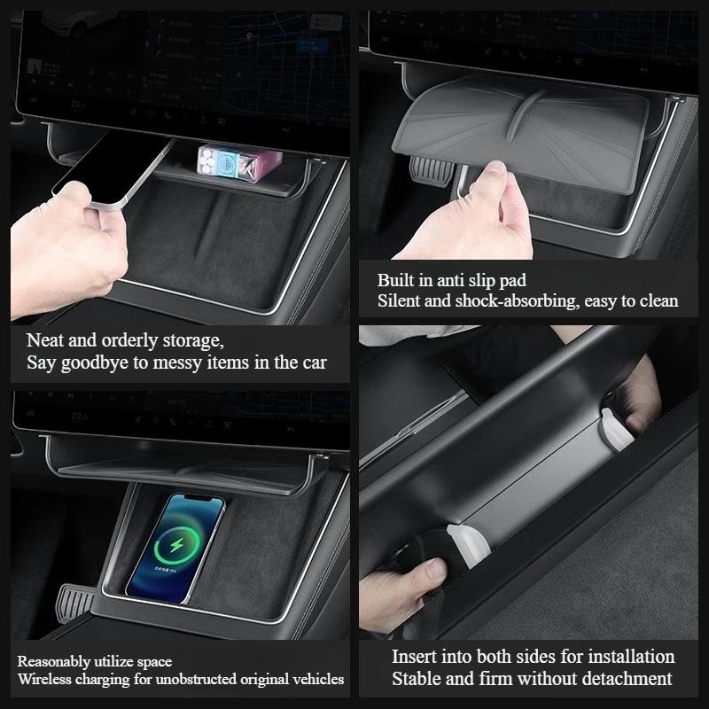 Under Screen Storage Box for Tesla Model Y Juniper 2025 Model 3 Highland 2025 Center Control Tissue Organizer Tray Accessories