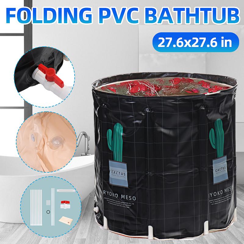27.6x 27.6 Inch Portable Bathtub Folding Bath Bucket Thicken Shower Barrel Large Adult Tub Baby Swimming Pool Insulation Family Bathroom SPA Tub