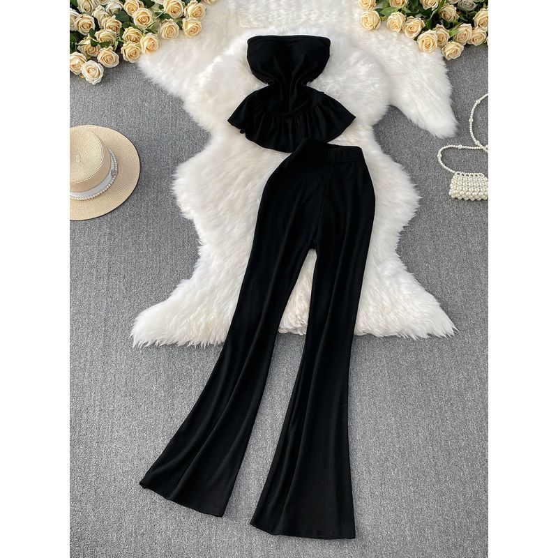 Western Style Shoulder Strap Chest Pad Tube Top Vest Women Niche Frill Top + Slimming Trumpet pants Two-piece Set