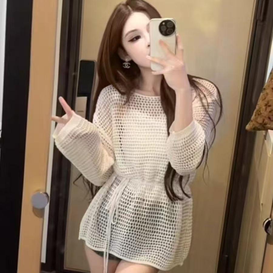 Design Knitted Long Sleeve Hollow Knitted Sweater Loose Top Lazy Round Neck Sunscreen Hoodie