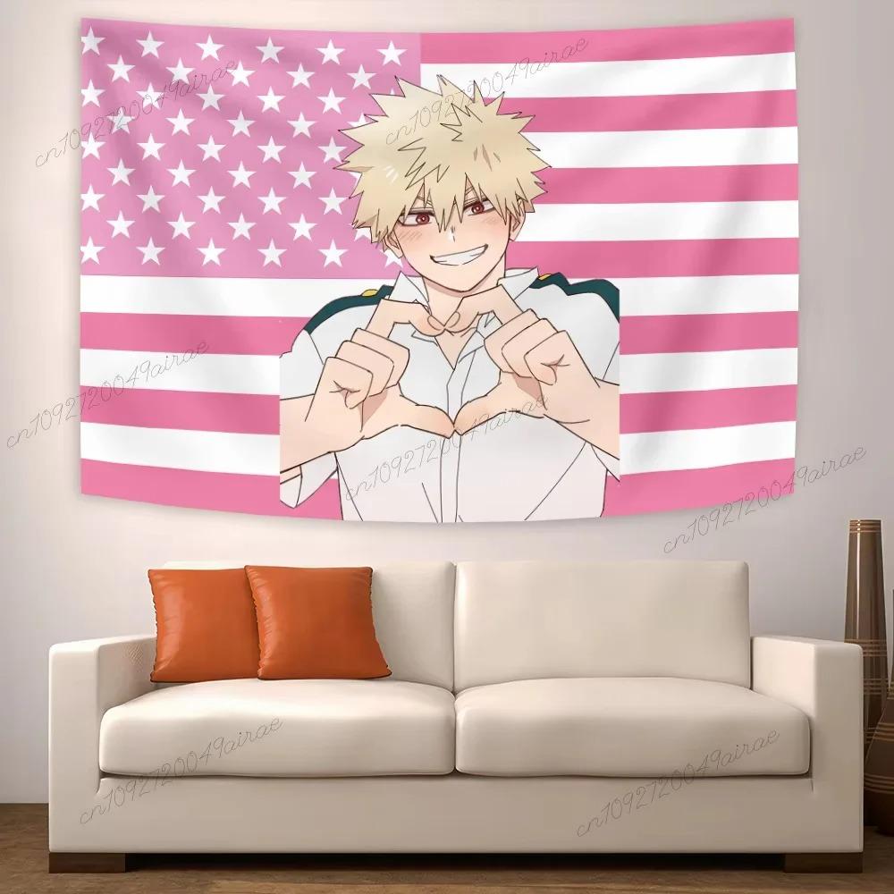 My Hero Academia Bakugo Tapestry Pink American Flag Print Anime Character Wall Hanging for Bedroom Dorm Room