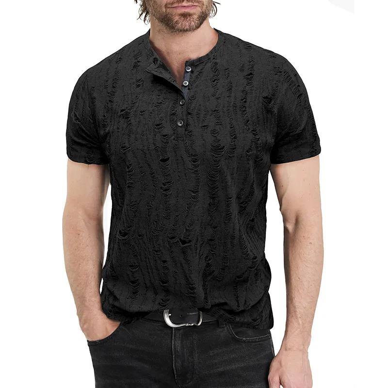 

Чоловіча рвана футболка з короткими рукавами чоловіча Henley шия топи Slim Fit повсякденні футболки Vintage суцільний колір чоловічий одяг L чорний