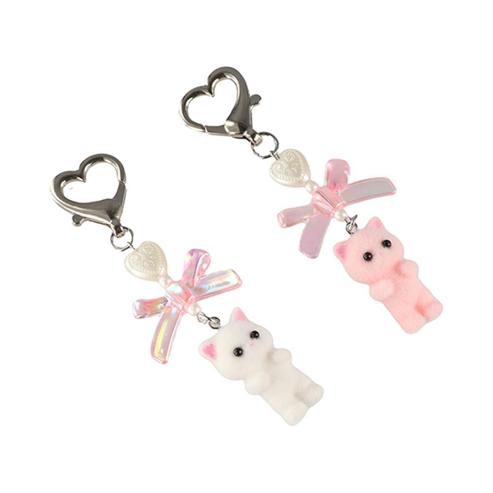 Fashion Cat Pendant Keychain Flocking Animals Pendant Key Chain Heart Bow Shaped Key Ring  Women