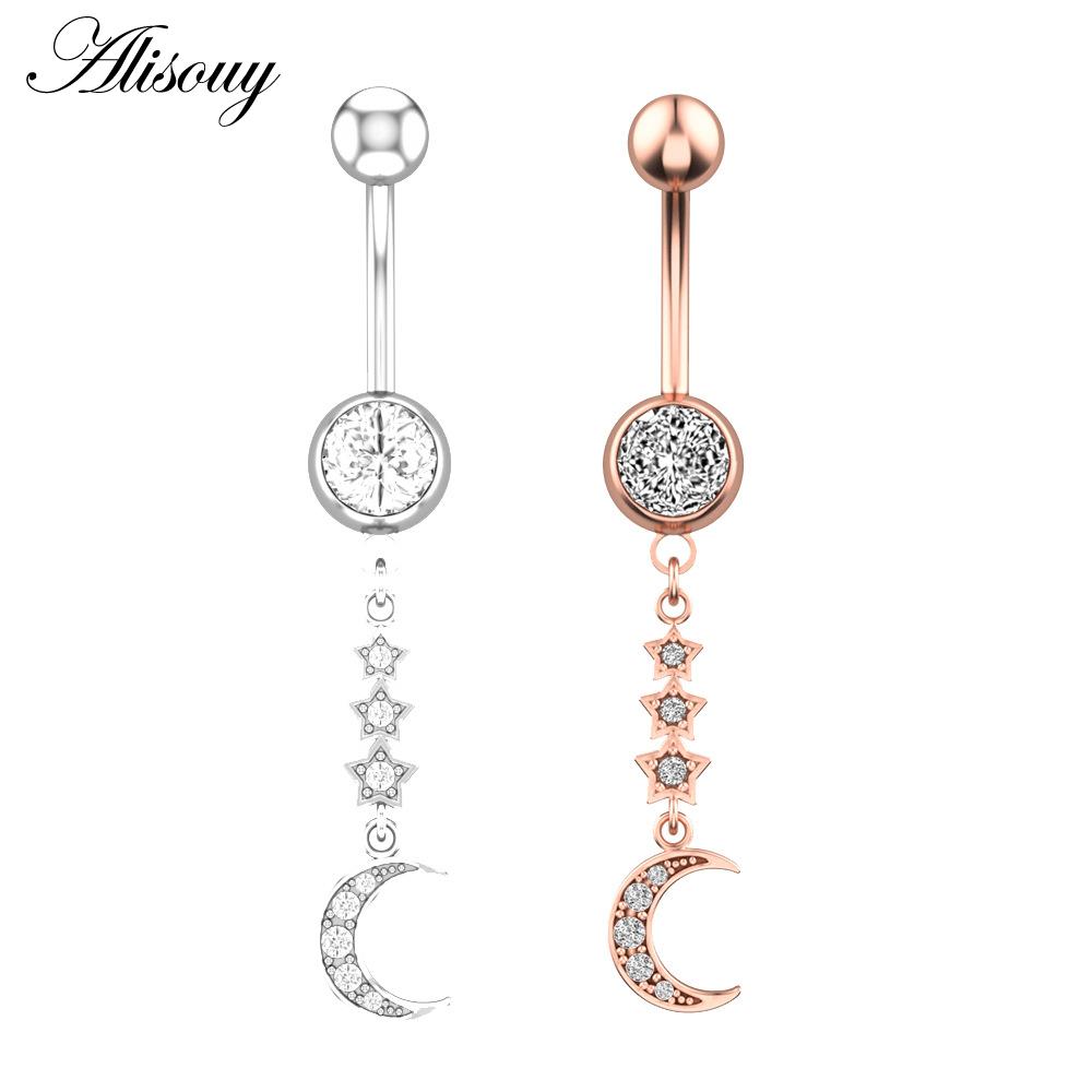 Alisouy 1pc Surgical Steel Crystal Zircon Star Butterfly Moon Stones Dangle Button Navel Piercing Ring Belly Ring Body Jewelry
