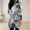 Women Plus Size Round Neck Long Sleeve Geometric Printed Loose Longline Tunic With Pockets