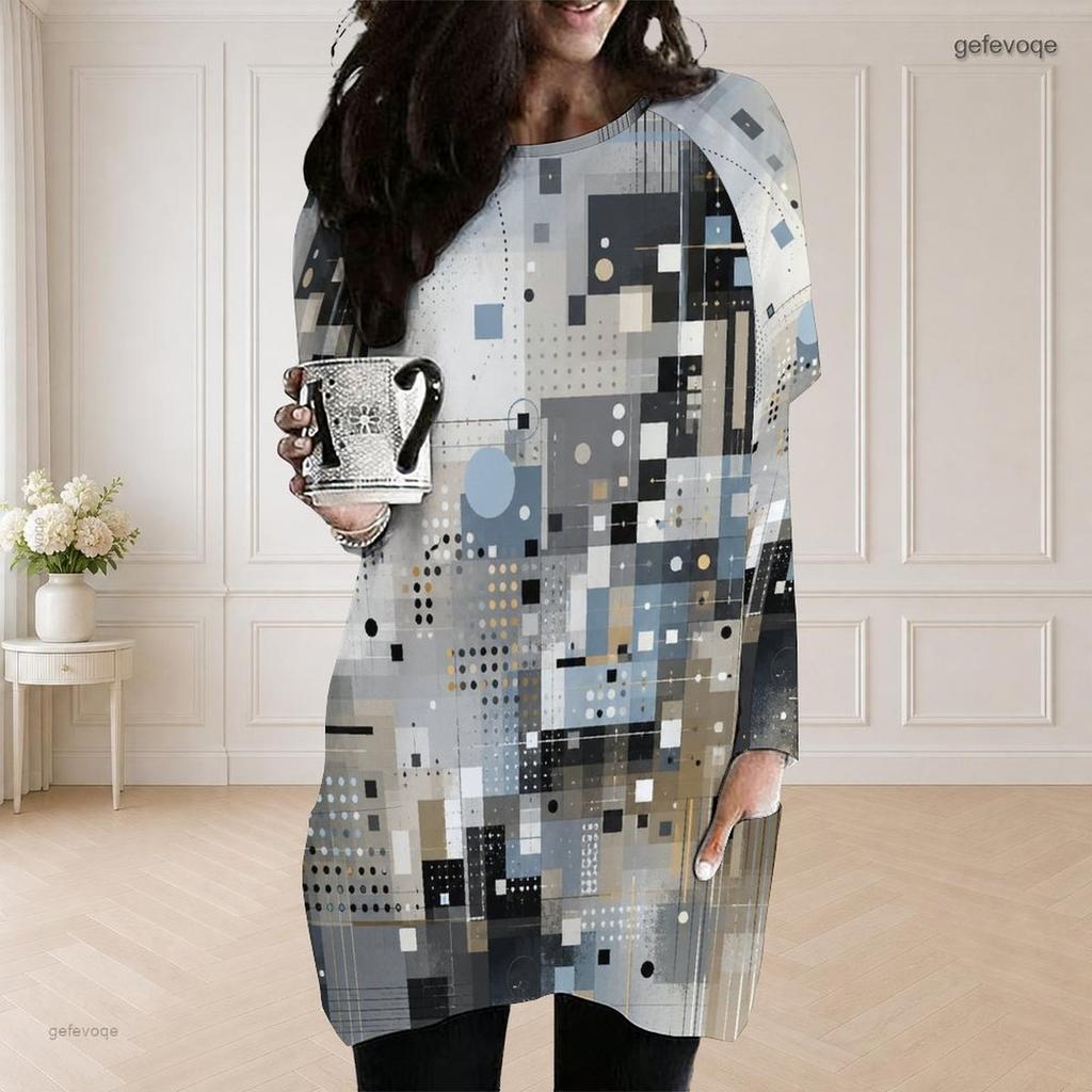Women Plus Size Round Neck Long Sleeve Geometric Printed Loose Longline Tunic With Pockets