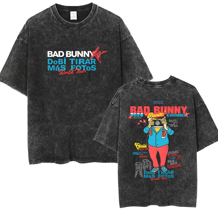 

Funny Debi Tirar Mas Fotos Vintage Washed Print T Shirts Bad Bunny Album Double Sided Fashion Oversized Mens Women Tshirt S