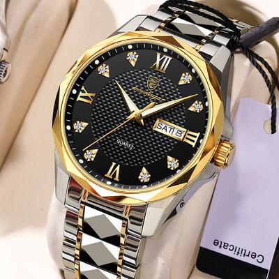 Men's Quartz Watch Waterproof Luminous Zirconium Diamond Inlaid Dial Men's Fashion Dual Calendar Display Quartz Watch Business Watch
