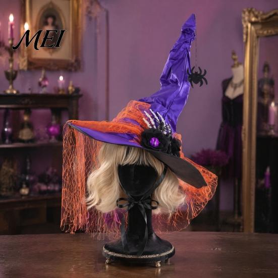 Dark Magician Cosplay Headwear Halloween Witch Hat for Women, Gothic Spider Web Mesh Skeleton Hand Multi Layered Lace Decor Rose Flower Wizard