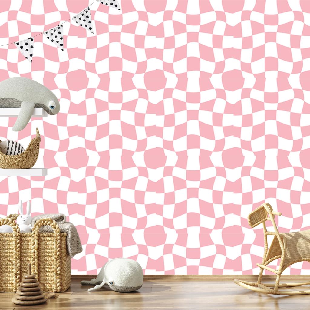Wallpaper Casual Checkerboard Coral and White for Living Room and Bedroom 50x1000