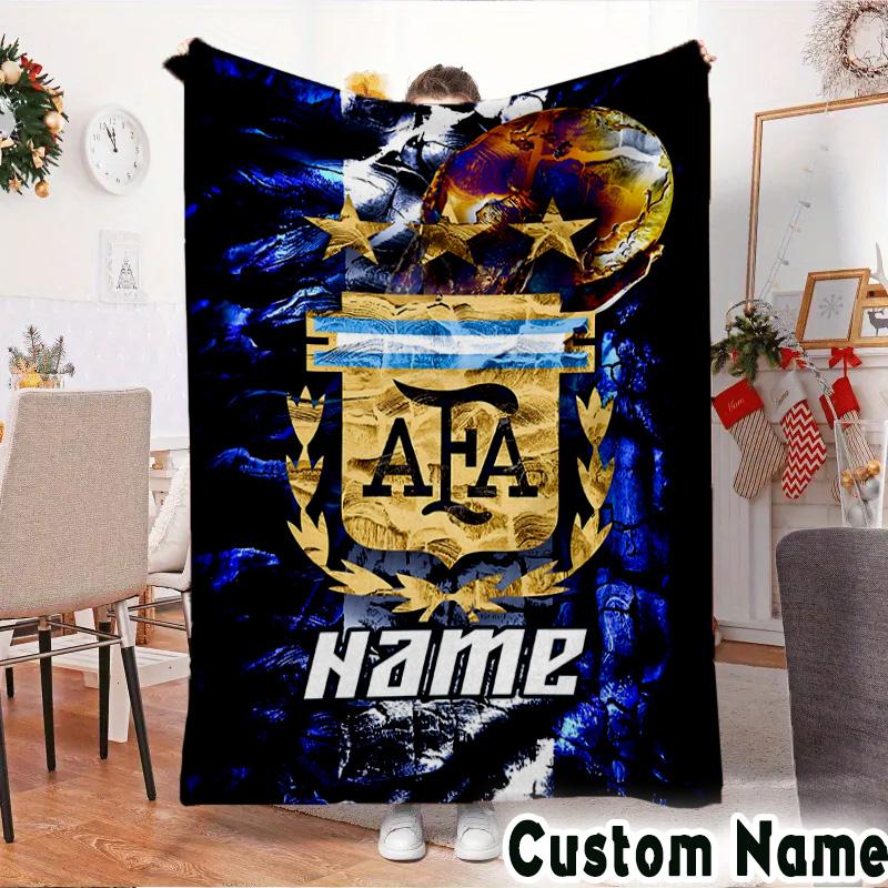 Custom Name Argen-tina Football Crest Throws Blanket Flannel Blankets for Couch Bed Gifts for Men Women Picnic Blanket Christmas Fan Gifts