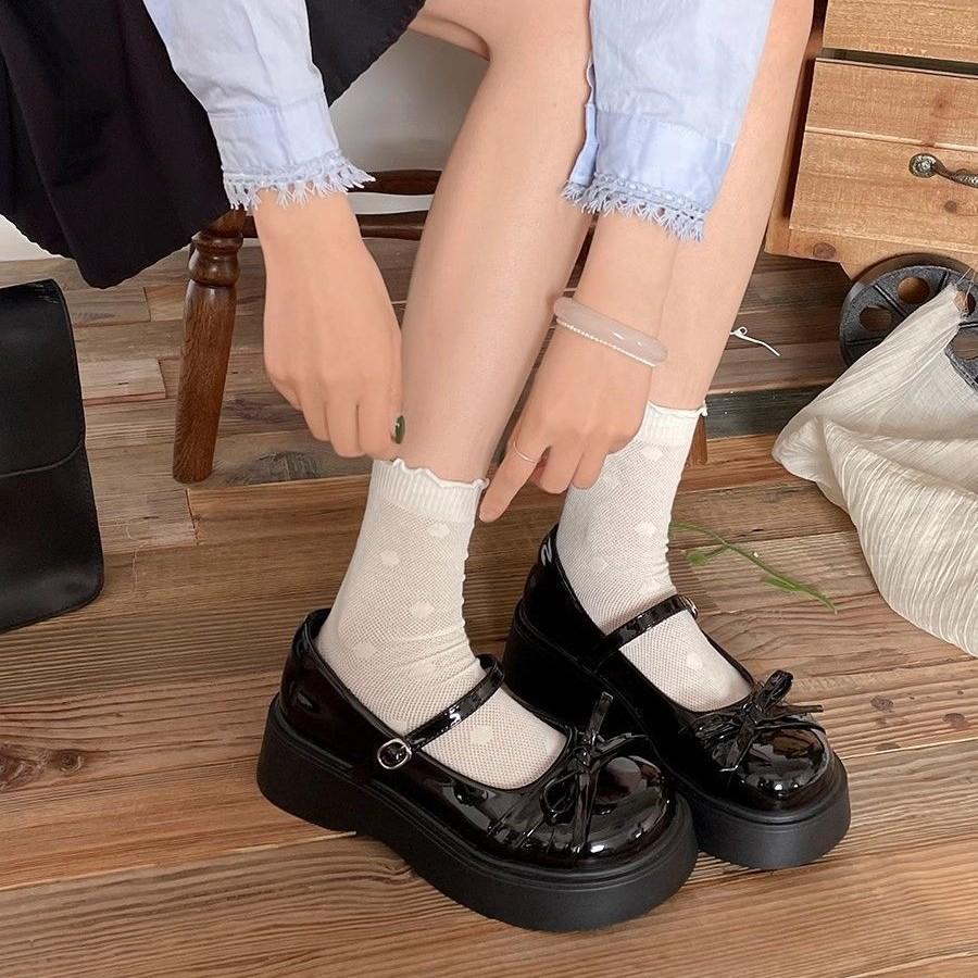 SSBL] Retro bow round head platform small leather shoes women's new skirt Mary Jane shoes