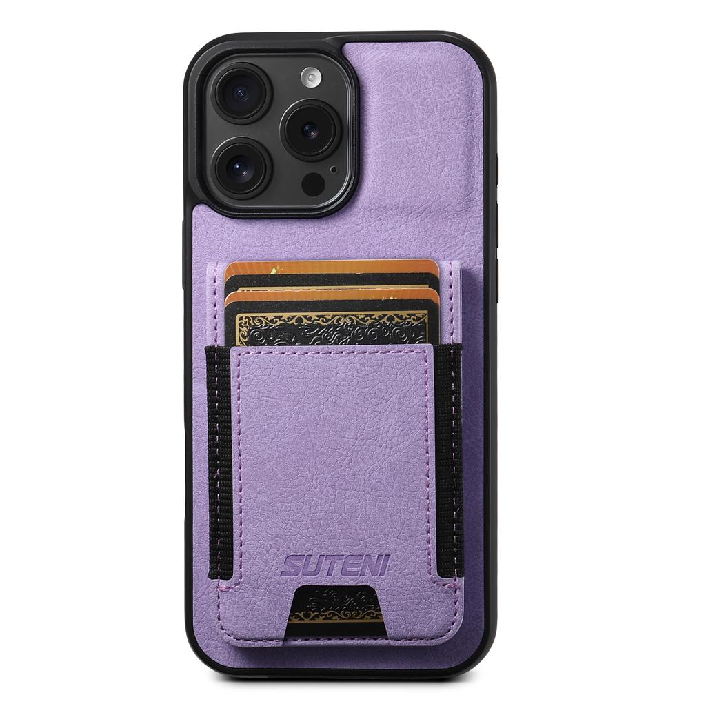 SUTENI H03 For iPhone 16 Pro Case Card Holder Kickstand Litchi Texture Leather+TPU Phone Cover