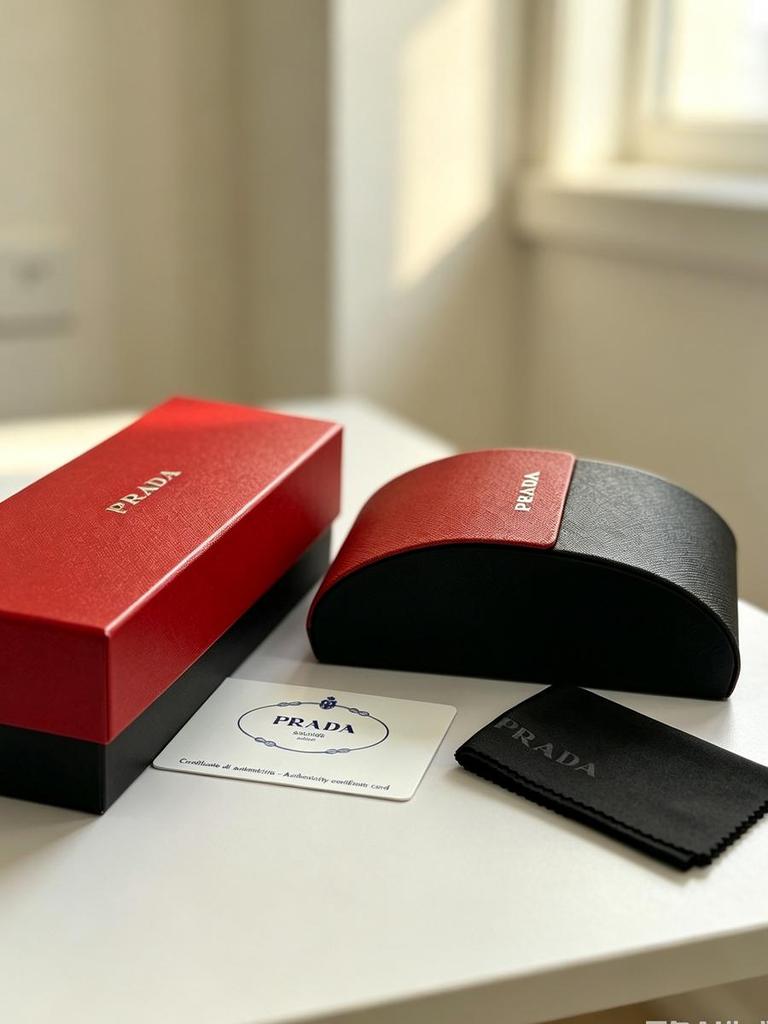 Prada Estojo Rígido para Óculos com Costura Vermelha e Preta, Caixa Portátil de Armazenamento para Óculos de Sol com Textura de Couro, Pano para Óculos e Caixa de Presente
