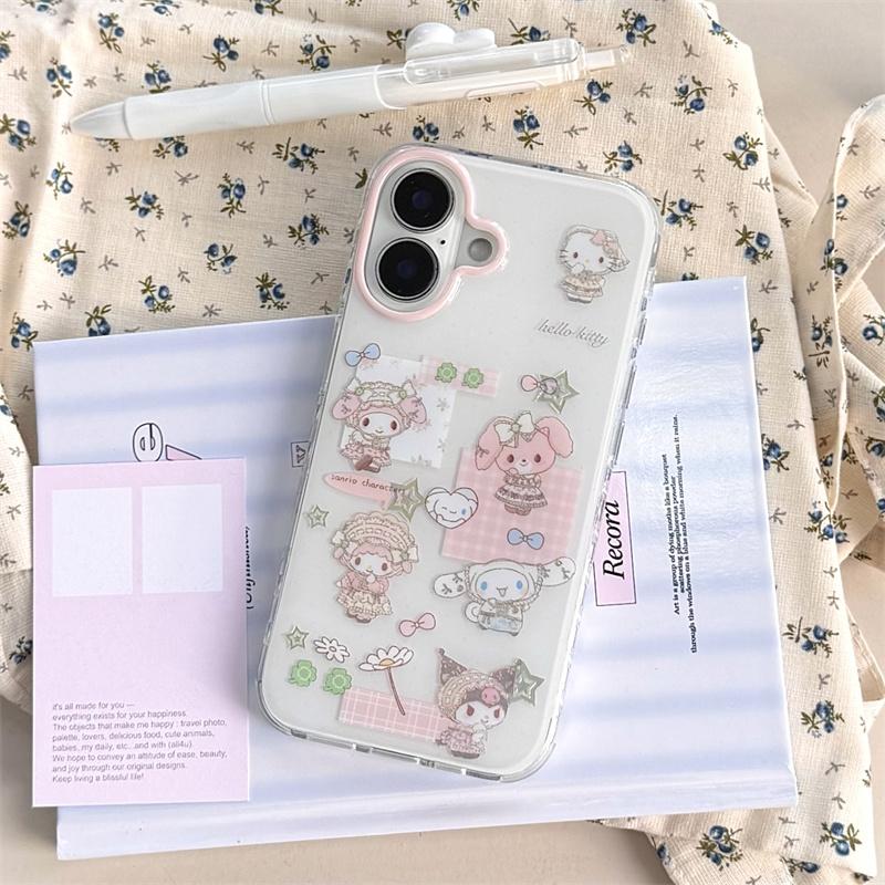 Cute HelloKitty Characters Clear Phone Case For iPhone 17 16 15 14 Pro Max Kawaii Pink Beaded Wrist Strap Protective Cover for G