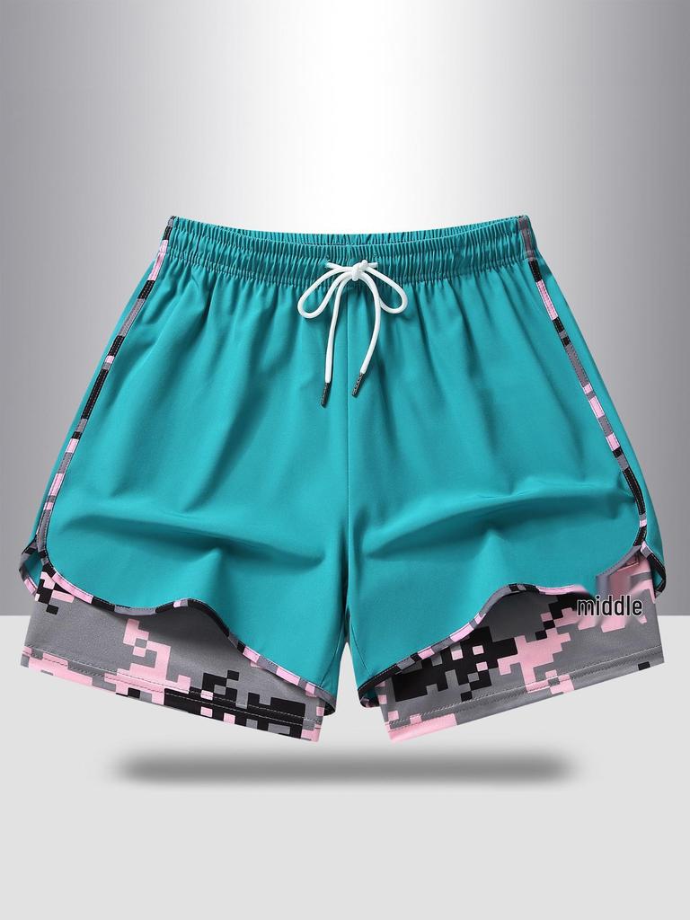 Women's Summer Double Layer Camo Sports Shorts - Quick-Dry Mesh with Pockets