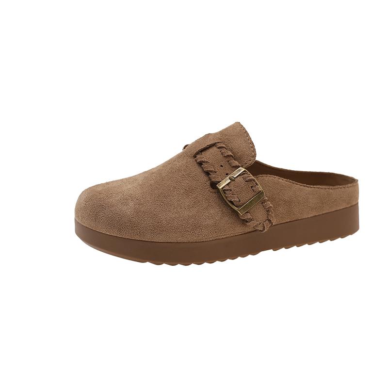 Fashion New Round-toe Deep-mouth Metal Buckle Cow Suede Platform Anti-slip Wear-resistant Flat-sole Wrapped-head Slippers for Autumn