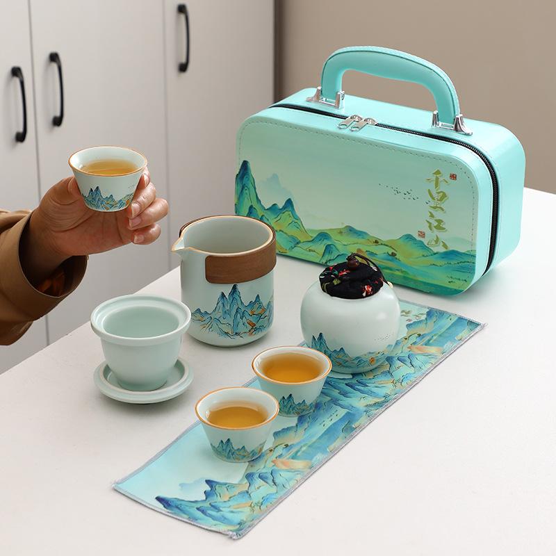 

Travel tea set, one pot, three cups with tea tray, Kung Fu tea set, Kuaike cup, festive Chinese business gift.