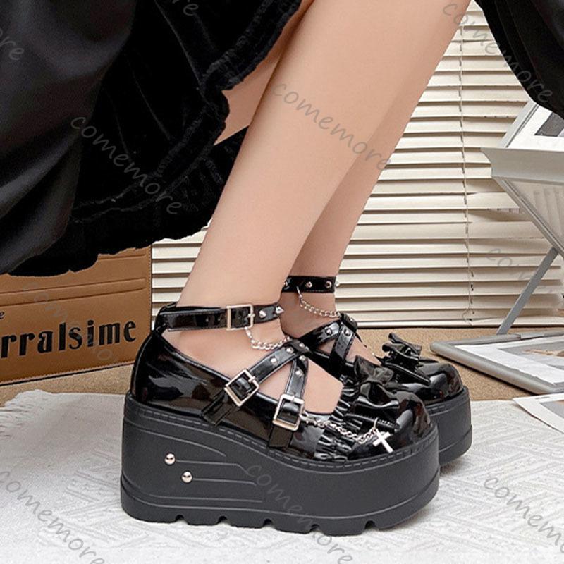 Fashion Comemore Japanese Jk Uniform Mary Jane Shoes Large Size Women Wedges High Heels Leather Pumps for Women Punk Style Single Shoes