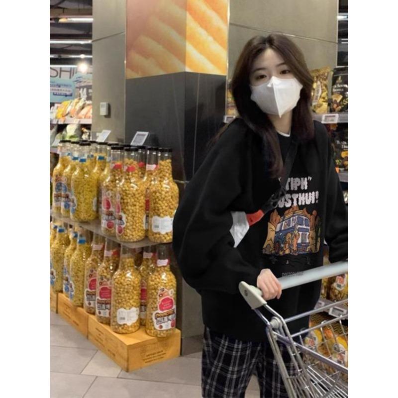 Frühling Herbst Rundhals Druck Sweatshirt Damen Vintage Locker Lässig Streetstyle Alleskönner Pullover Top