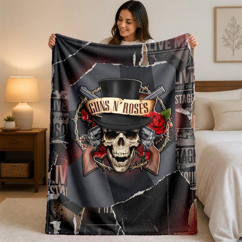 Guns N’ Roses Print Flannel Blanket Cozy Lightweight Plush Throw Blanket For Bed Sofa Household Use