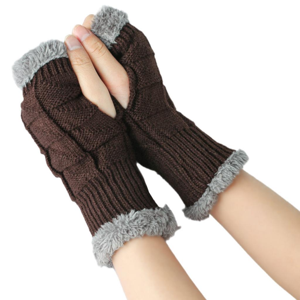 Women's Winter Fleece-lined Thickened Wool Gloves, Fingerless, Solid Color, Short Style Gloves