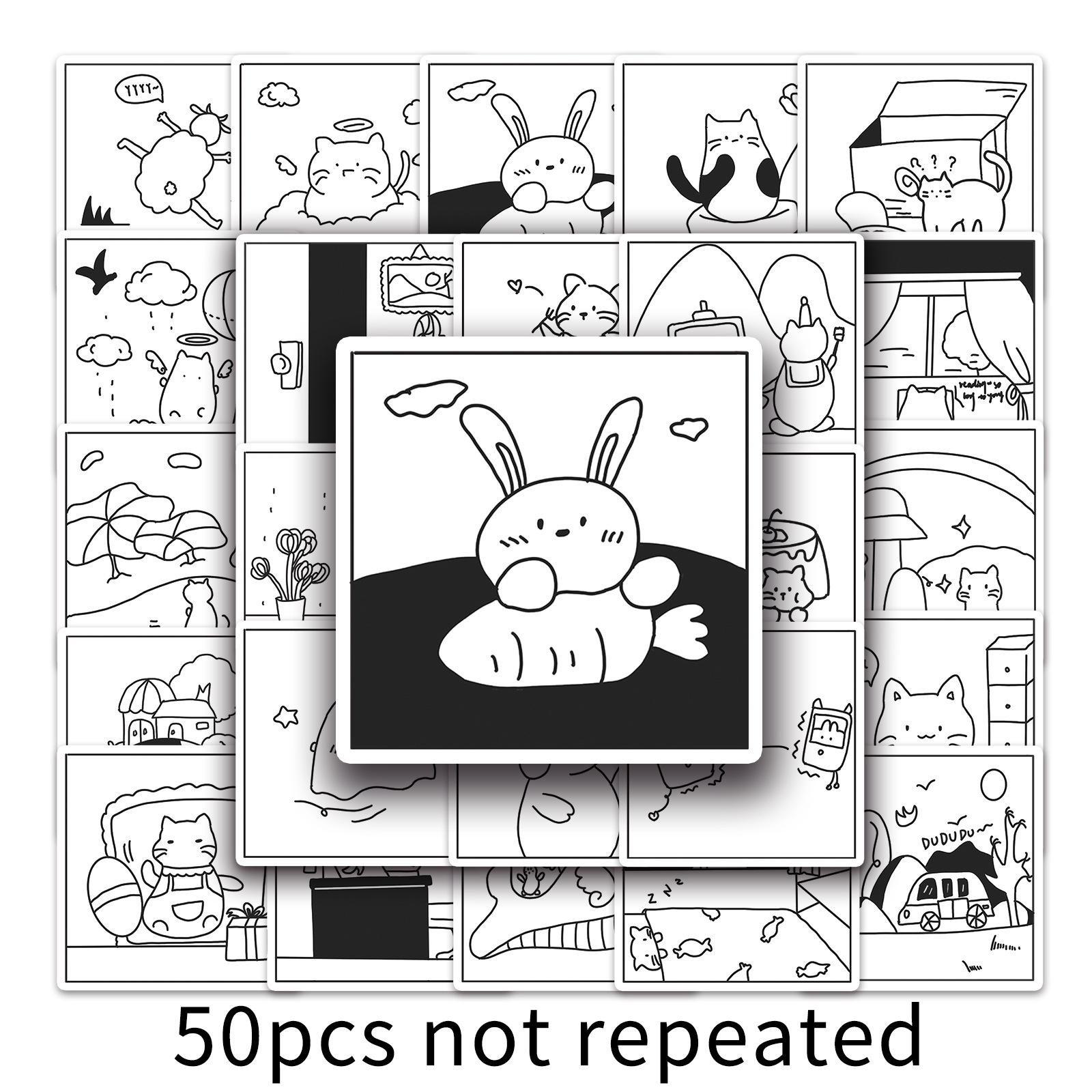 50 Sheets of Original Black and White Cartoon Graffiti Stickers - Waterproof Journal Deco Material
