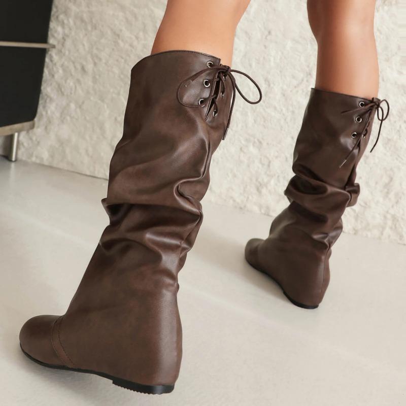 Ladies' Fashionable Solid Color Casual Boots with Pleated Detail Comfy Wedges Heels Slouch Boots Mid Calf Back Lace Up Shoes