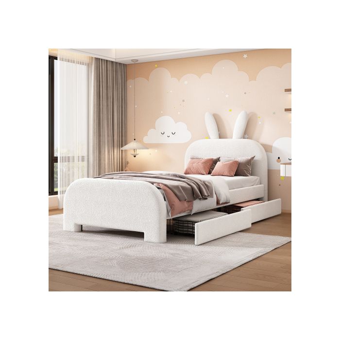 Lit Enfant - MUVOE - 90x200cm - Rembourré - Tiroirs De Rangement - Design Lapin